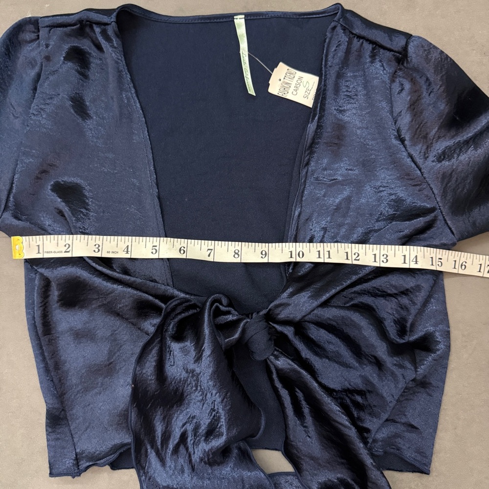 Metallic‎ Navy Satin Tie-Front Blouse With Flare Sleeves - Picture 4 of 6